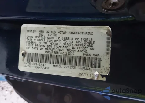 2003 Toyota Corolla Le z USA, uszkodzony, nr VIN 1NXBR38E93Z121327